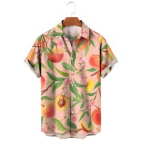 Tropical Fruit Leaf Peach Print Short Sleeve Shirt