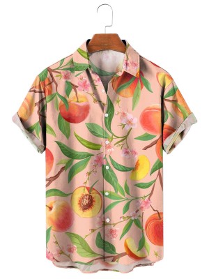 Tropical Fruit Leaf Peach Print Short Sleeve Shirt