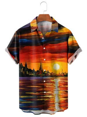 Men's Casual Oil Painting Print Short Sleeve Shirt 81352111M