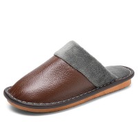 Men Leather Warm Plush Lining Non  slip Soft Home Slippers