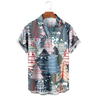 Holiday Print Short Sleeve Shirt with Christmas Tree Pattern